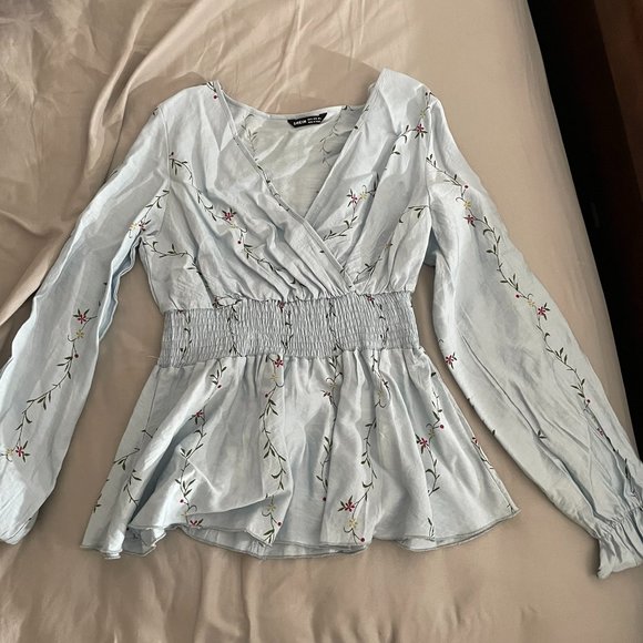 Surplice Neck Shirred Waist Peplum Blouse - Picture 1 of 2